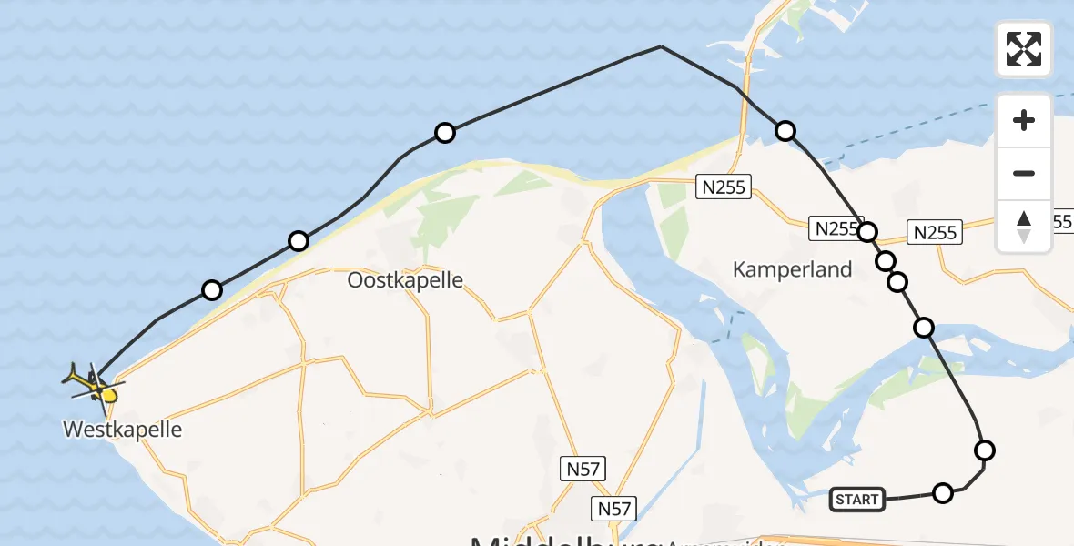 Routekaart van de vlucht: Kustwachthelikopter naar Vlissingen, Calandweg