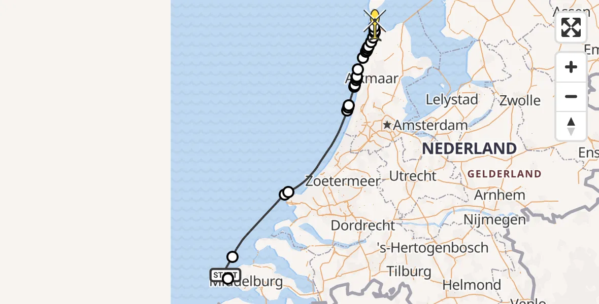 Routekaart van de vlucht: Kustwachthelikopter naar Vliegveld De Kooy, Zeedijk