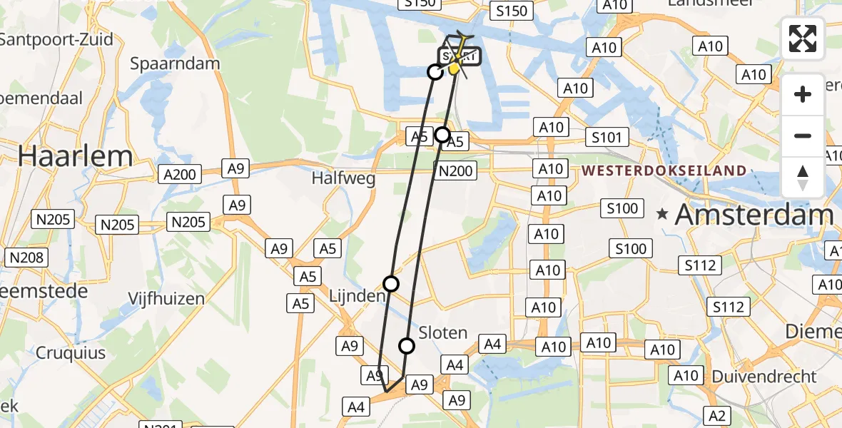 Routekaart van de vlucht: Lifeliner 1 naar Amsterdam Heliport, Nieuw-Zeelandweg