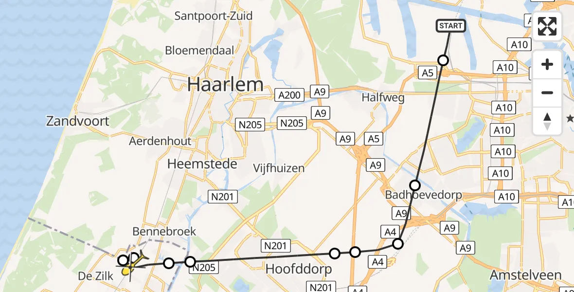 Routekaart van de vlucht: Lifeliner 1 naar Hillegom, Nieuw-Zeelandweg