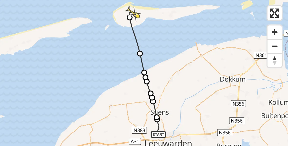Routekaart van de vlucht: Ambulancehelikopter naar Ameland Airport Ballum, Keegsdijkje