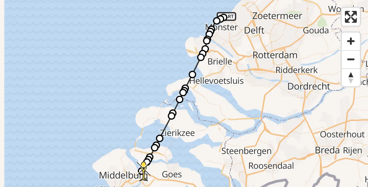Routekaart van de vlucht: Kustwachthelikopter naar Vliegveld Midden-Zeeland, De Zandmotor