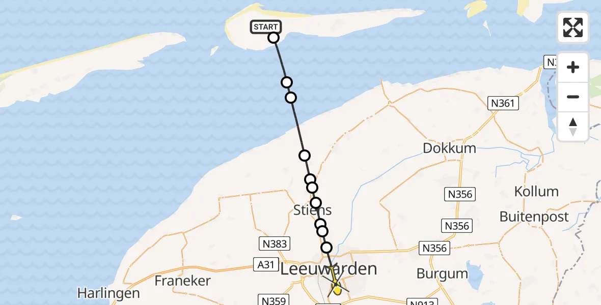 Routekaart van de vlucht: Ambulanceheli naar Leeuwarden, Ballumermieden