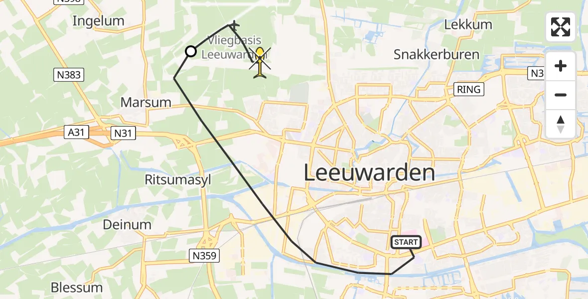 Routekaart van de vlucht: Ambulancehelikopter naar Vliegbasis Leeuwarden, Nijlânsdyk