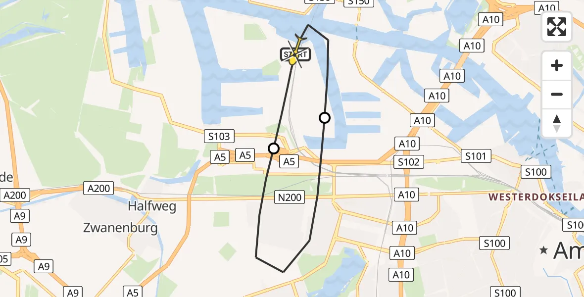 Routekaart van de vlucht: Lifeliner 1 naar Amsterdam Heliport, Nieuw-Zeelandweg