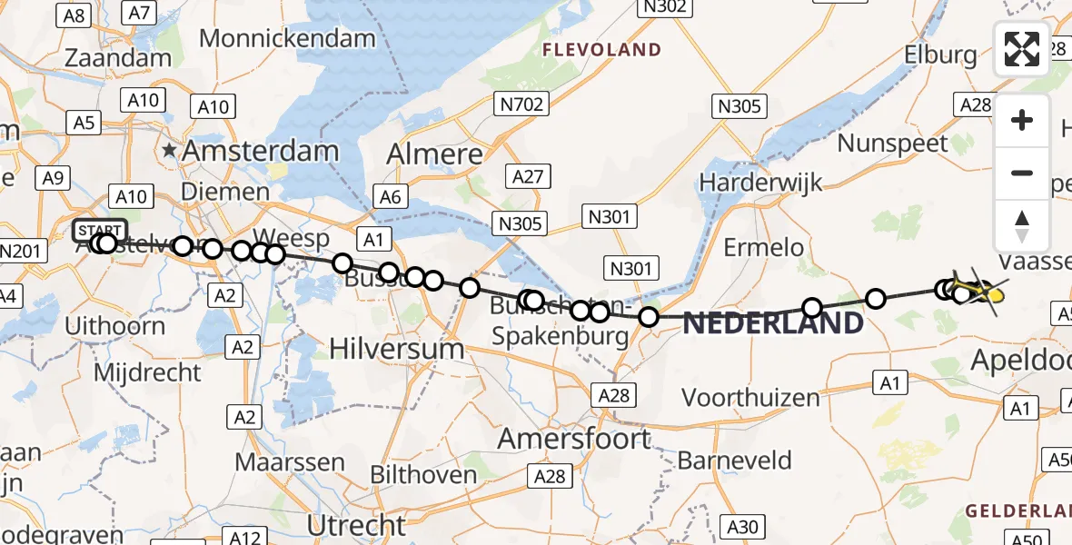 Routekaart van de vlucht: Politieheli naar Vaassen, Amsterdam-Bataviaweg