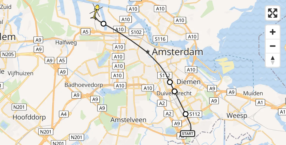 Routekaart van de vlucht: Lifeliner 1 naar Amsterdam Heliport, Opheusdenhof