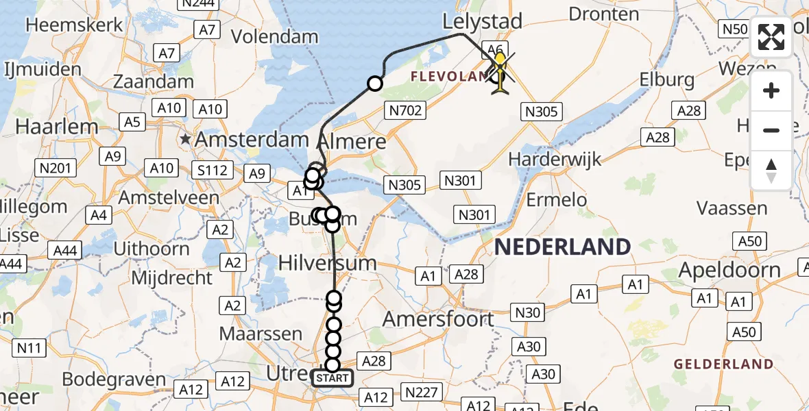 Routekaart van de vlucht: Traumahelikopter naar Lelystad Airport, Universiteitsweg