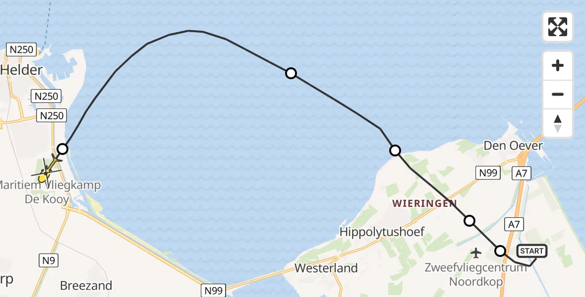 Routekaart van de vlucht: Kustwachthelikopter naar Vliegveld De Kooy, Noorderkwelweg