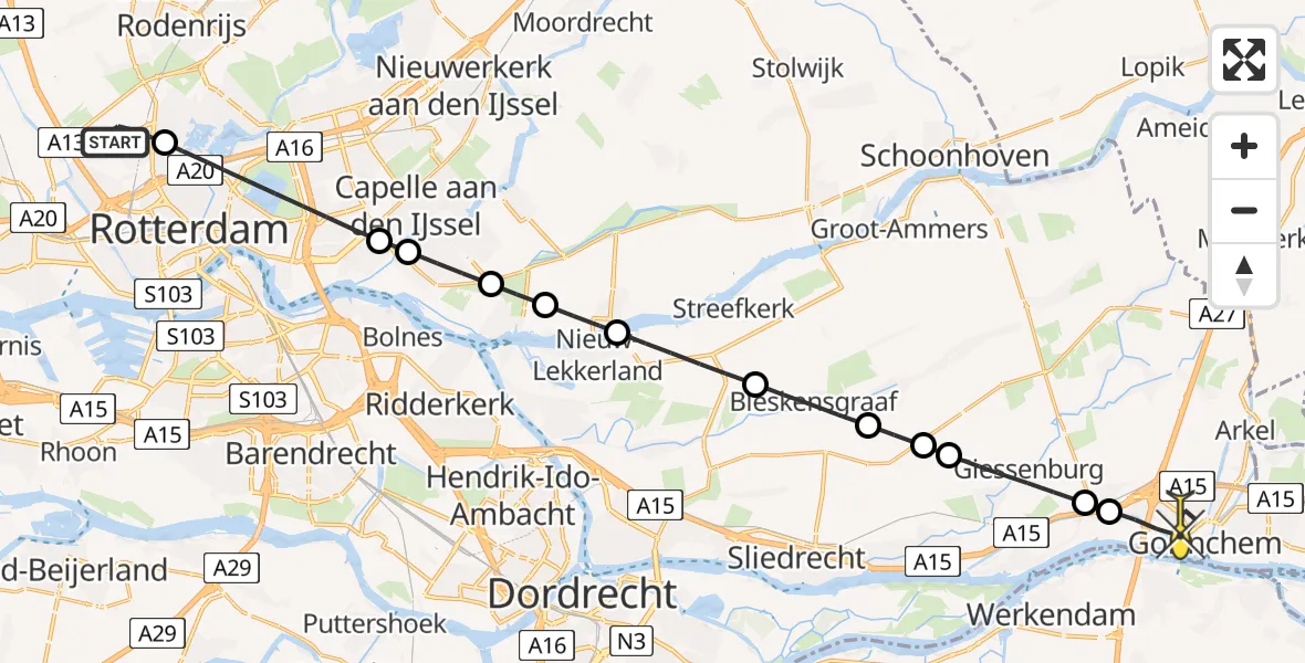Routekaart van de vlucht: Lifeliner 2 naar Gorinchem, Gilze-Rijenstraat