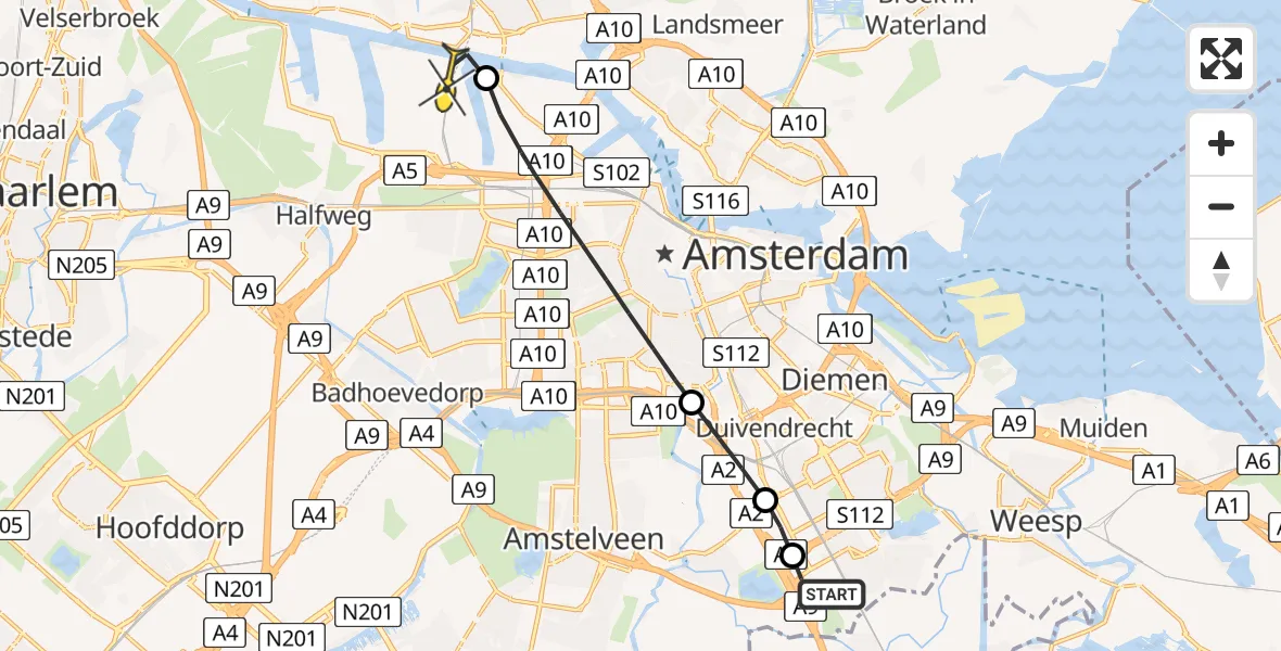 Routekaart van de vlucht: Lifeliner 1 naar Amsterdam Heliport, Tafelbergweg