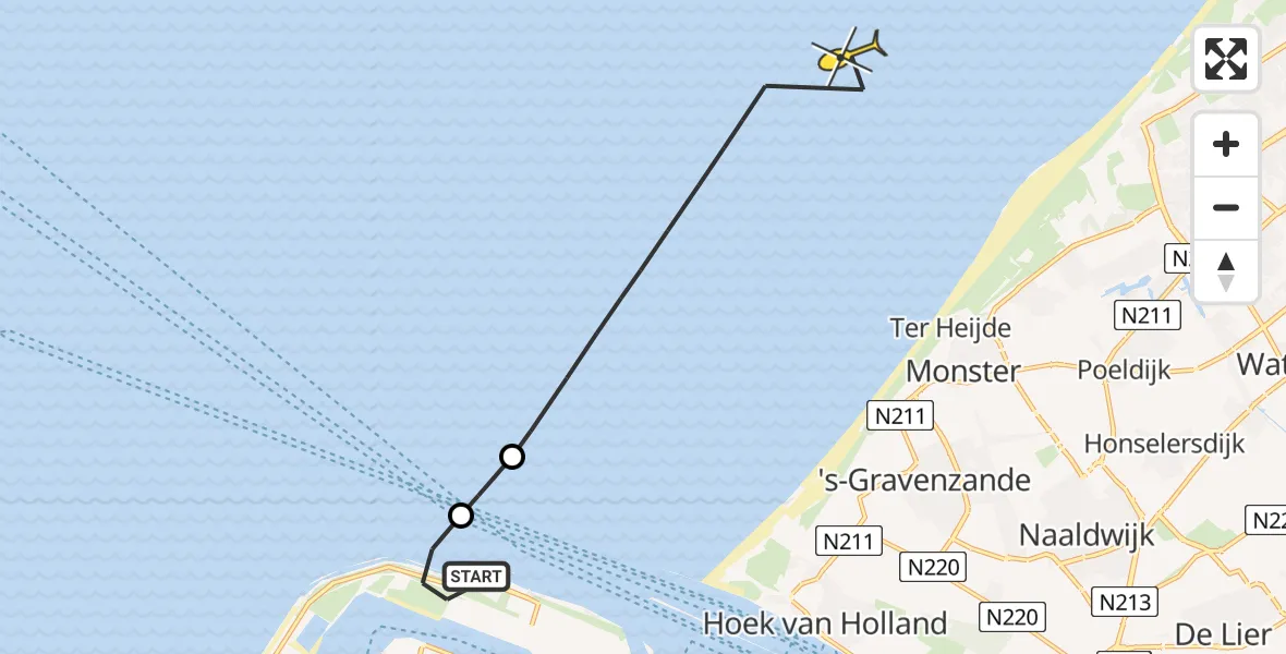 Routekaart van de vlucht: Kustwachthelikopter naar Maasvlakteweg