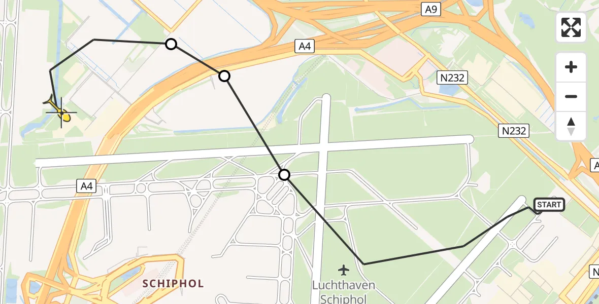 Routekaart van de vlucht: Politiehelikopter naar Luchthaven Schiphol, Loevesteinse Randweg