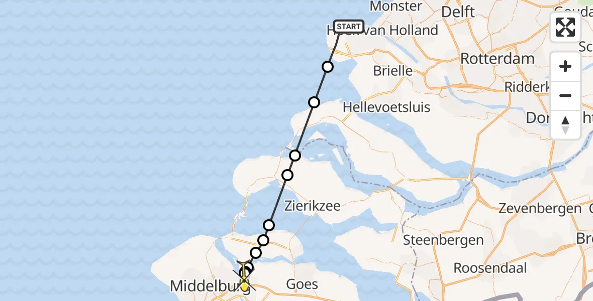 Routekaart van de vlucht: Kustwachthelikopter naar Vliegveld Midden-Zeeland, Europaweg