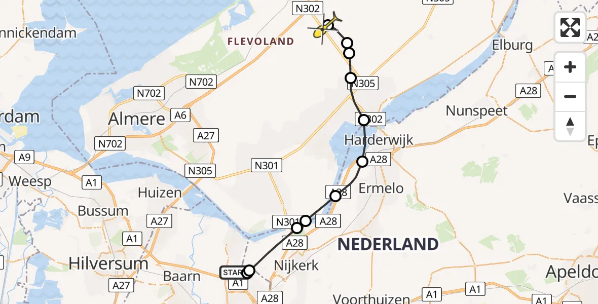 Routekaart van de vlucht: Politiehelikopter naar Lelystad Airport, Neerduisterwetering