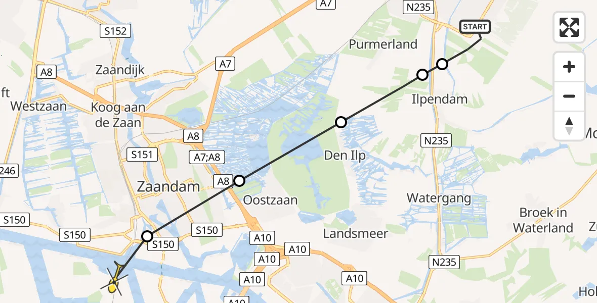 Routekaart van de vlucht: Lifeliner 1 naar Amsterdam Heliport, Ringdijk Purmer