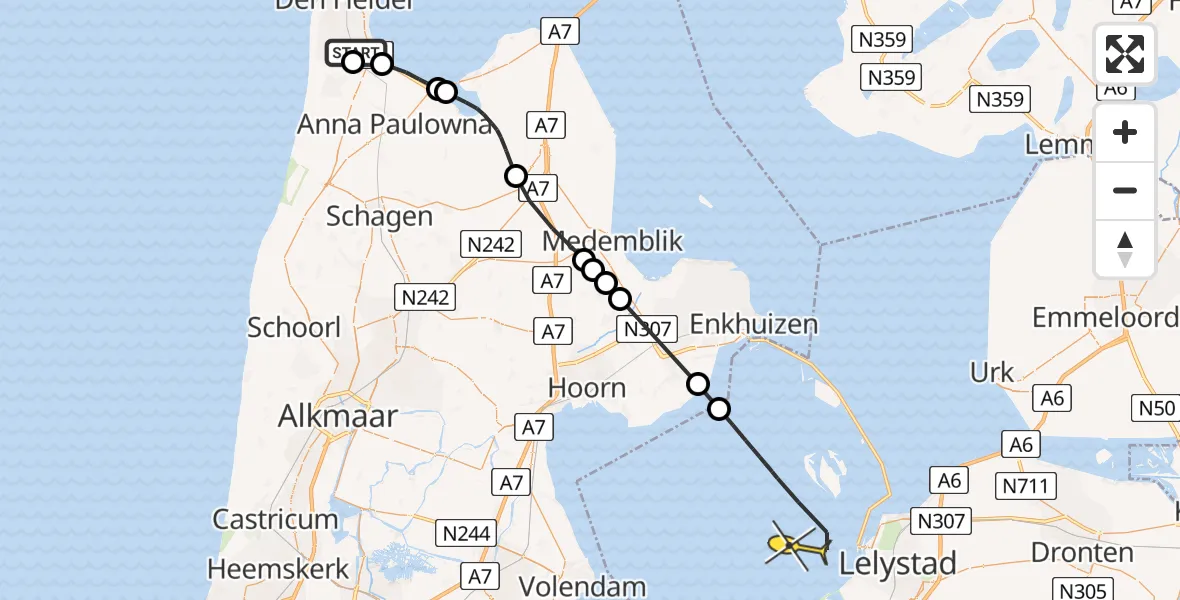 Routekaart van de vlucht: Kustwachthelikopter naar Lelystad, Rijksweg