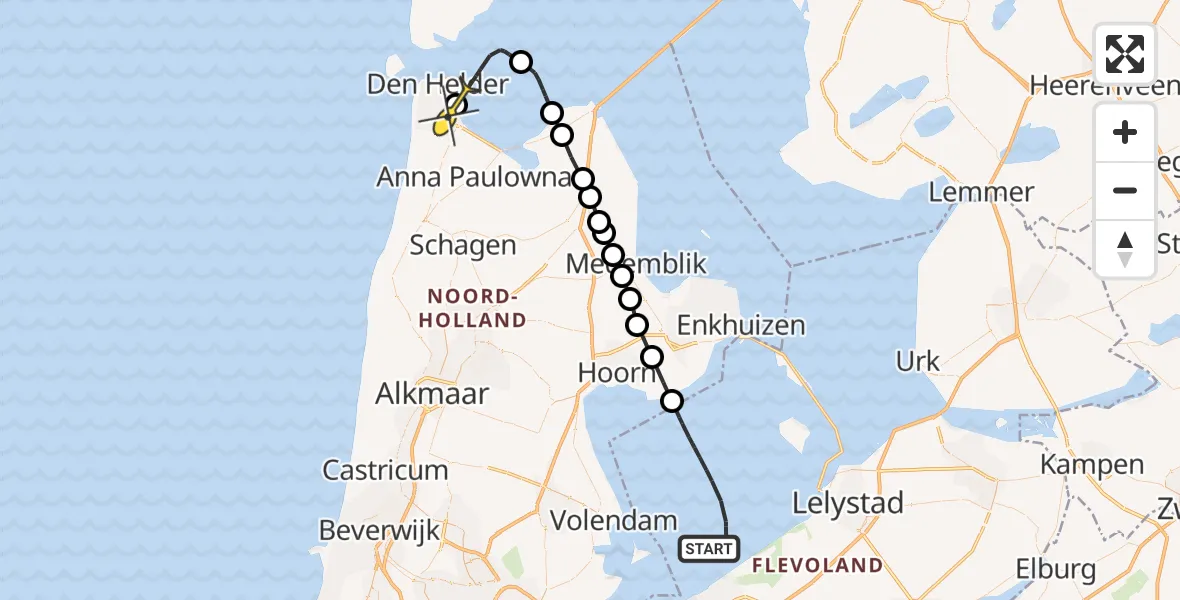 Routekaart van de vlucht: Kustwachthelikopter naar Vliegveld De Kooy, Oostoeverweg