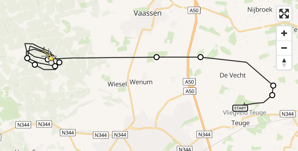 Routekaart van de vlucht: Politieheli naar Vaassen, de Zanden