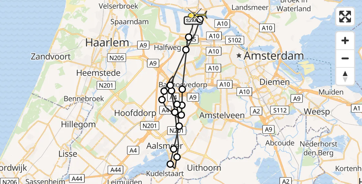 Routekaart van de vlucht: Lifeliner 1 naar Amsterdam Heliport, Nieuw-Zeelandweg