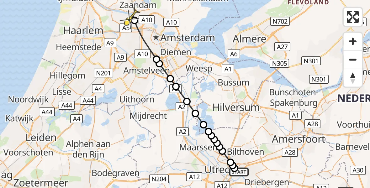 Routekaart van de vlucht: Lifeliner 1 naar Amsterdam Heliport, Hoofddijk