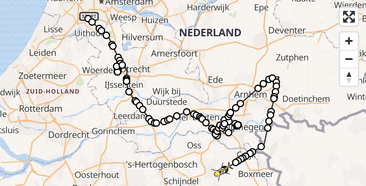 Routekaart van de vlucht: Politiehelikopter naar Volkel, Amsterdam-Bataviaweg