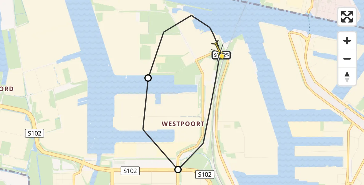 Routekaart van de vlucht: Lifeliner 1 naar Amsterdam Heliport, Nieuw-Zeelandweg