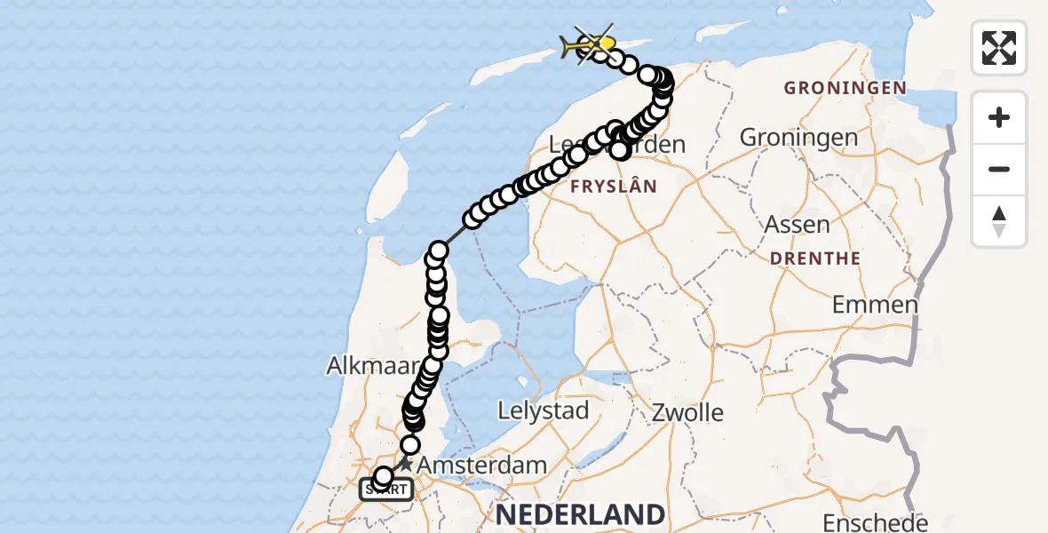 Routekaart van de vlucht: Politieheli naar Ameland Airport Ballum, Thermiekstraat