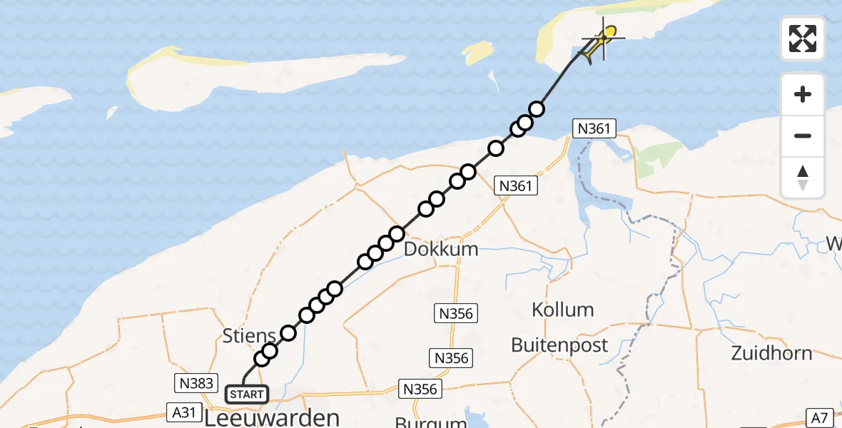 Routekaart van de vlucht: Ambulanceheli naar Schiermonnikoog, Keegsdijkje