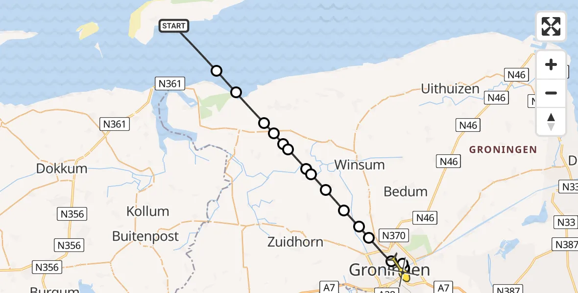 Routekaart van de vlucht: Ambulancehelikopter naar Universitair Medisch Centrum Groningen, Veerweg