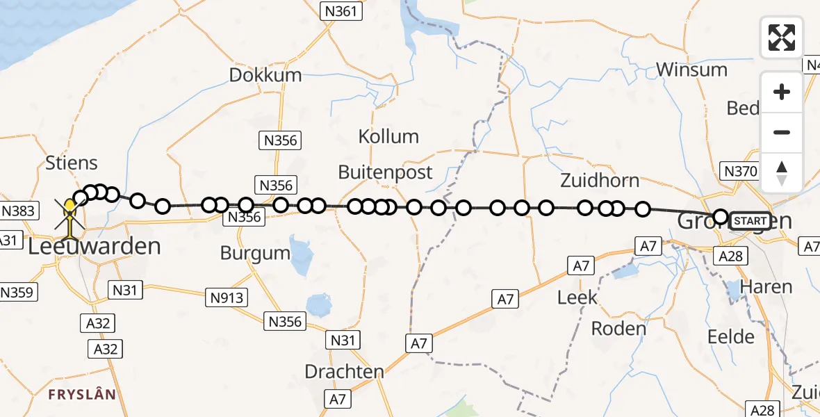 Routekaart van de vlucht: Ambulanceheli naar Vliegbasis Leeuwarden, Oosterkade