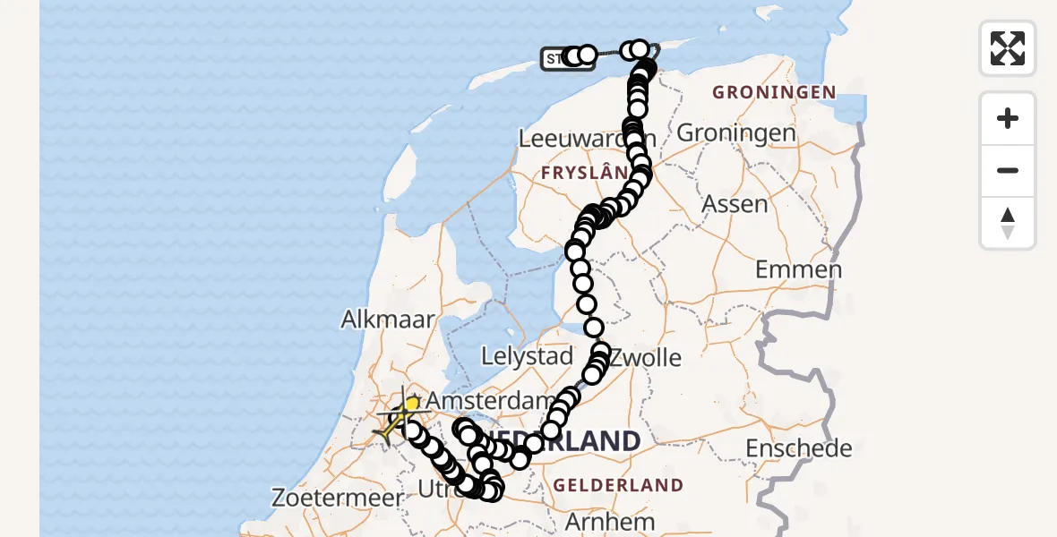 Routekaart van de vlucht: Politieheli naar Schiphol, Ballumerduinen
