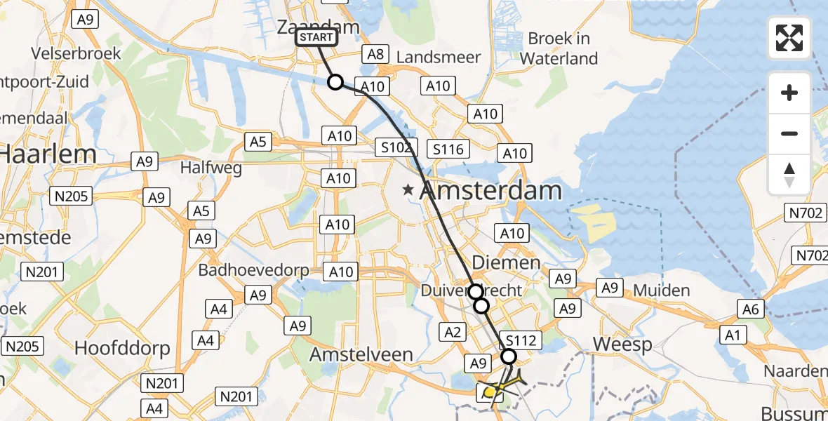 Routekaart van de vlucht: Lifeliner 1 naar Academisch Medisch Centrum (AMC), Havenstraat