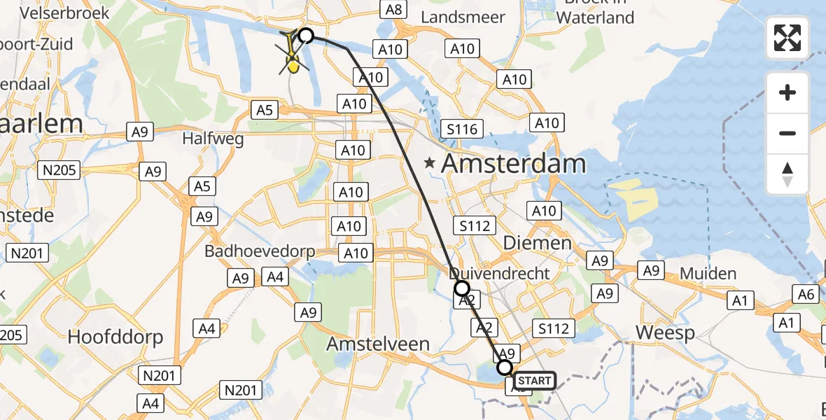 Routekaart van de vlucht: Lifeliner 1 naar Amsterdam Heliport, Capriweg