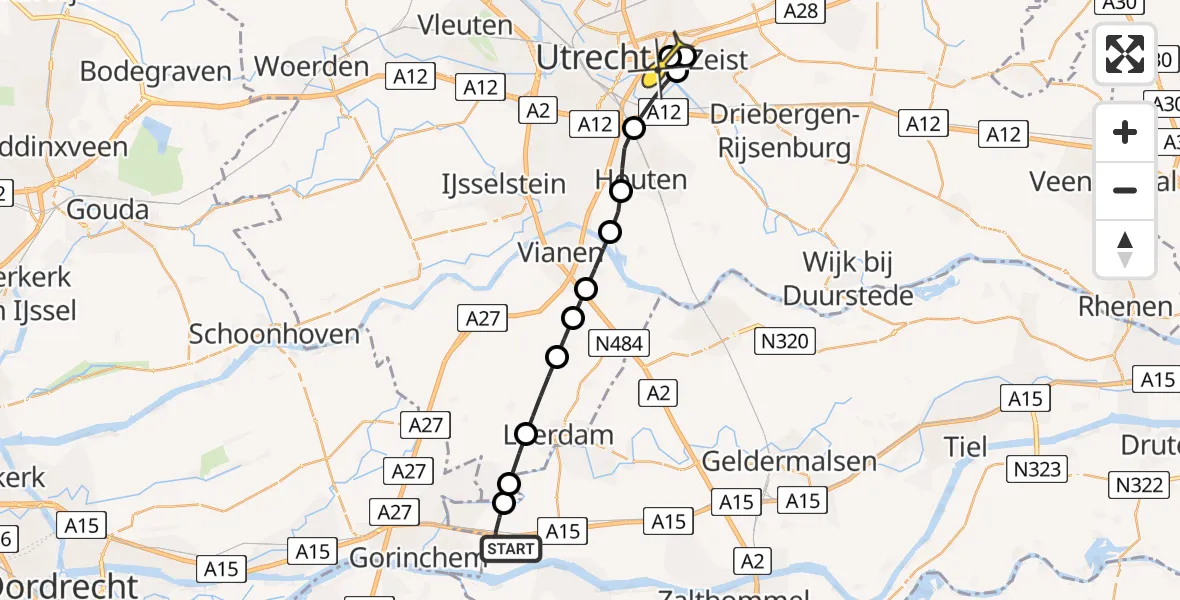 Routekaart van de vlucht: Lifeliner 3 naar Universitair Medisch Centrum Utrecht, R.G.E. Campschroerlaantje