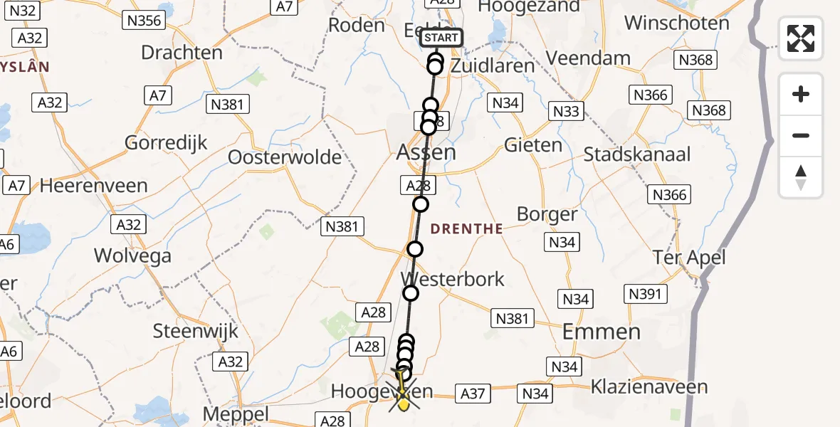 Routekaart van de vlucht: Lifeliner 4 naar Vliegveld Hoogeveen, Moespot