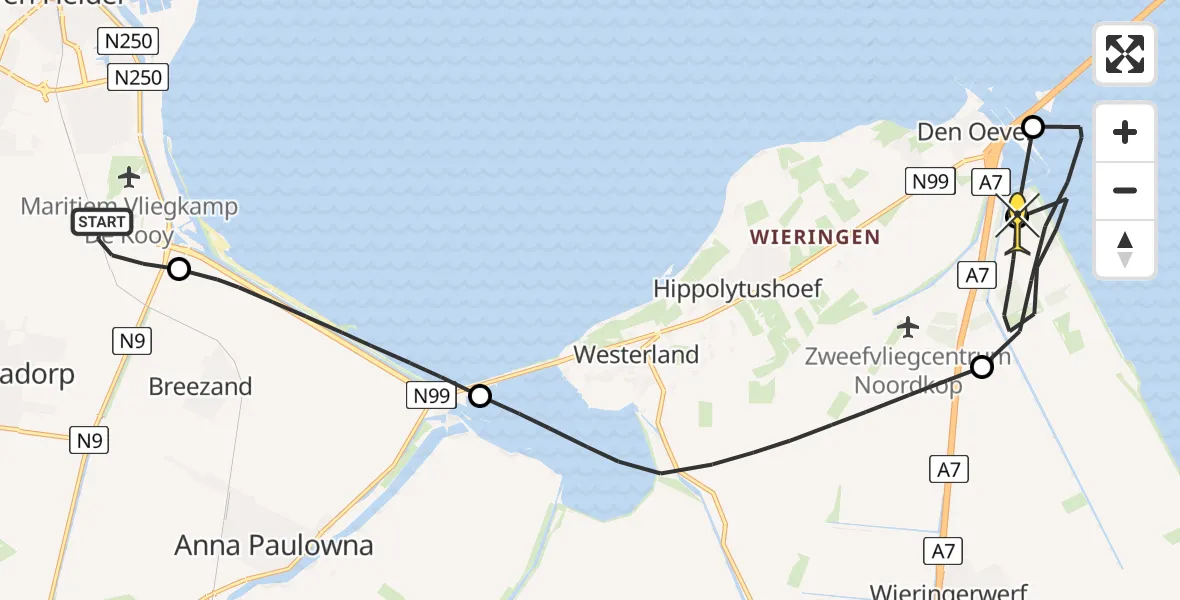 Routekaart van de vlucht: Kustwachthelikopter naar Wieringerwerf, Blokmakersweg