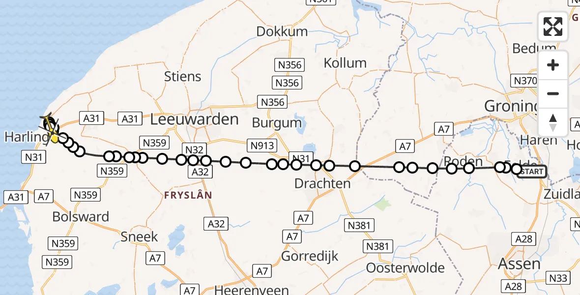 Routekaart van de vlucht: Lifeliner 4 naar Midlum, Molenweg