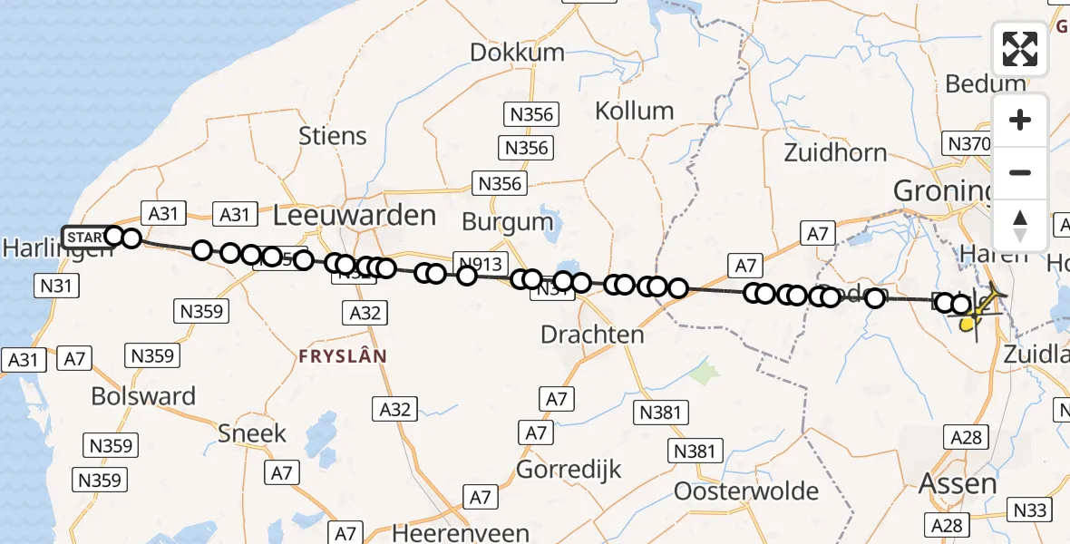 Routekaart van de vlucht: Lifeliner 4 naar Groningen Airport Eelde, Rijksweg