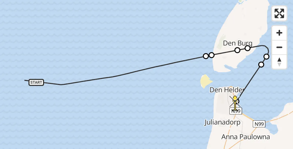 Routekaart van de vlucht: Kustwachthelikopter naar Vliegveld De Kooy, Karel Doormanweg