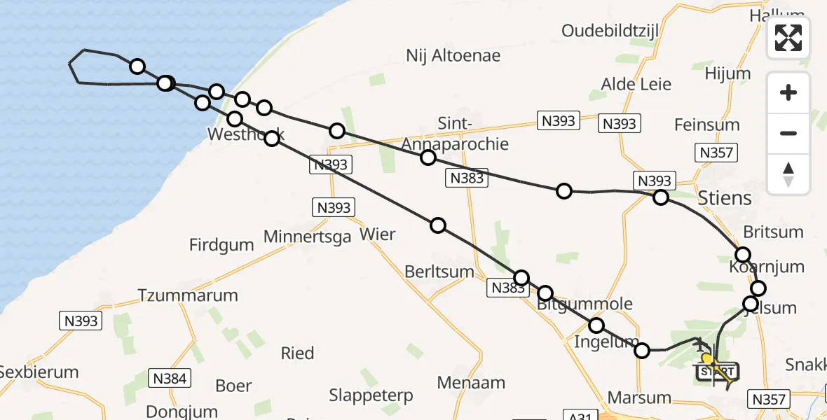 Routekaart van de vlucht: Ambulanceheli naar Vliegbasis Leeuwarden, Buitengebied Noordwest