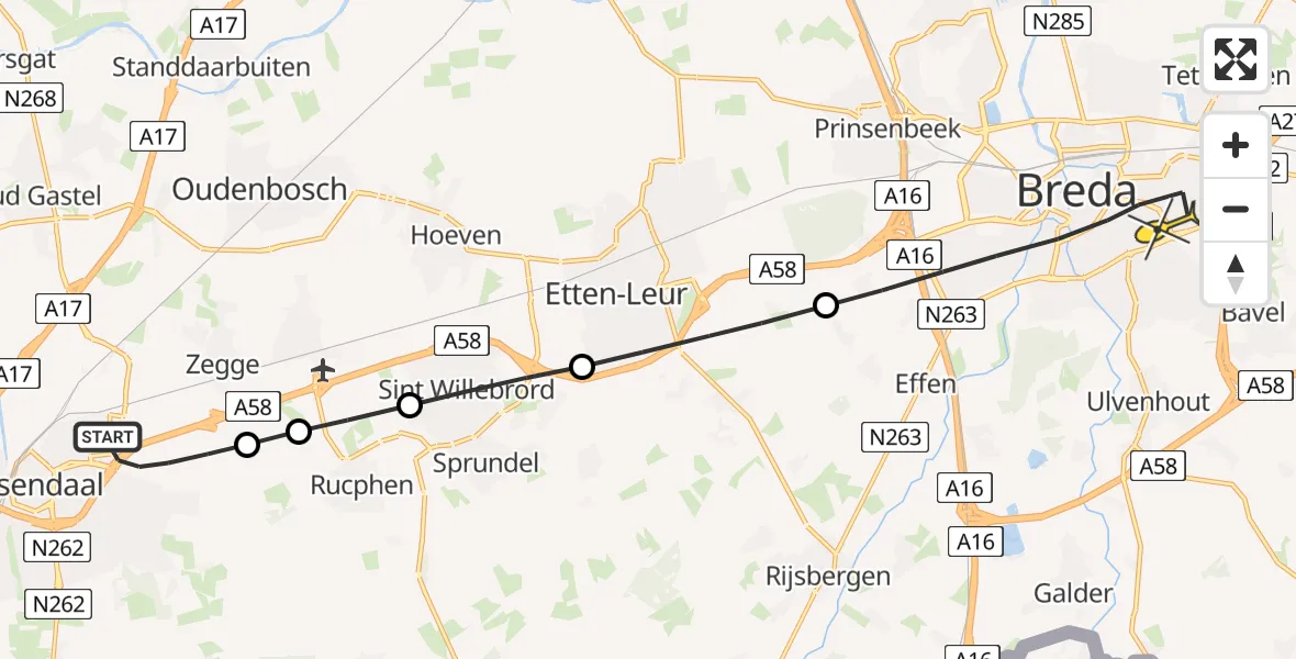 Routekaart van de vlucht: Lifeliner 2 naar Breda, Rucphensebaan