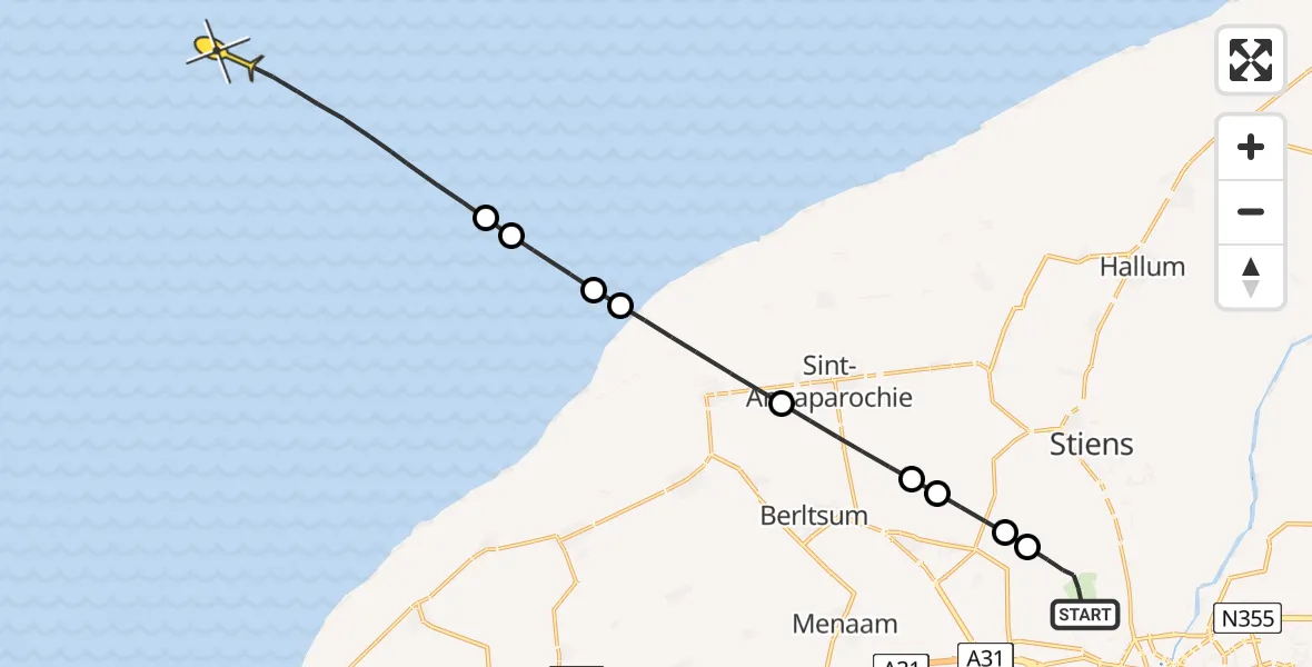 Routekaart van de vlucht: Ambulanceheli naar Oosterend, Keegsdijkje