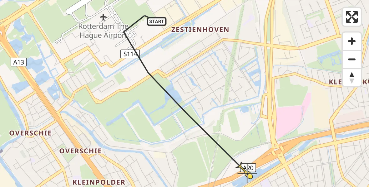 Routekaart van de vlucht: Lifeliner 2 naar Rotterdam, Zestienhoven