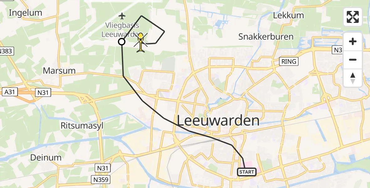 Routekaart van de vlucht: Ambulanceheli naar Vliegbasis Leeuwarden, Zuidersingel