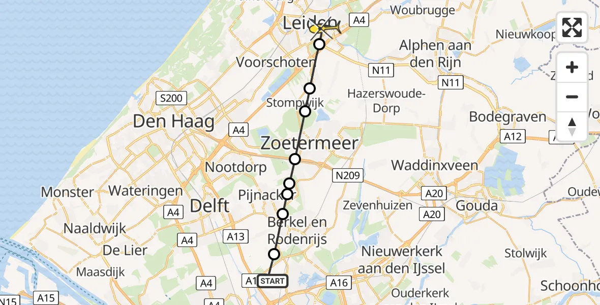 Routekaart van de vlucht: Lifeliner 2 naar Leiden, A16 Rotterdam