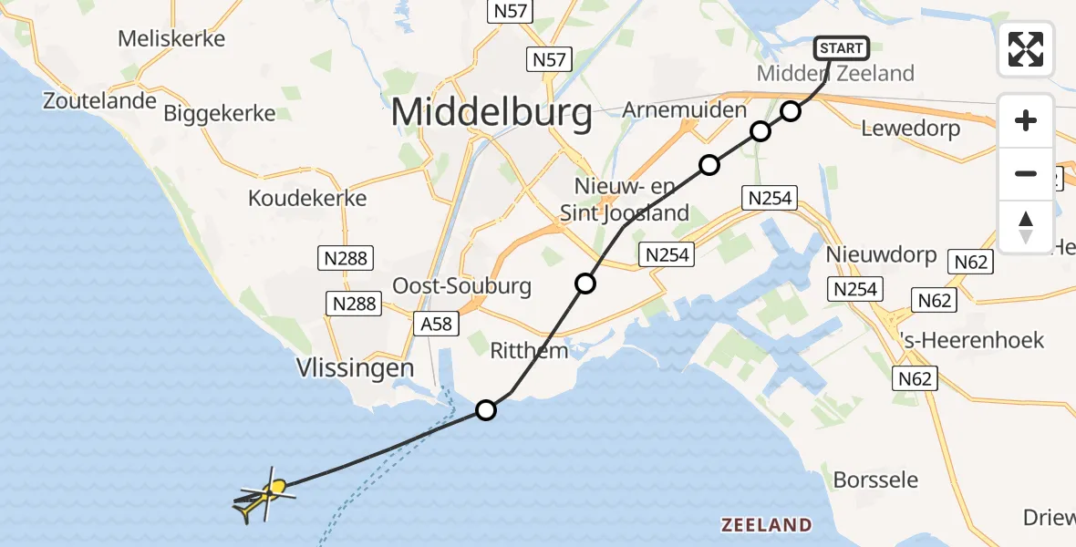 Routekaart van de vlucht: Kustwachthelikopter naar Vlissingen, Postweg