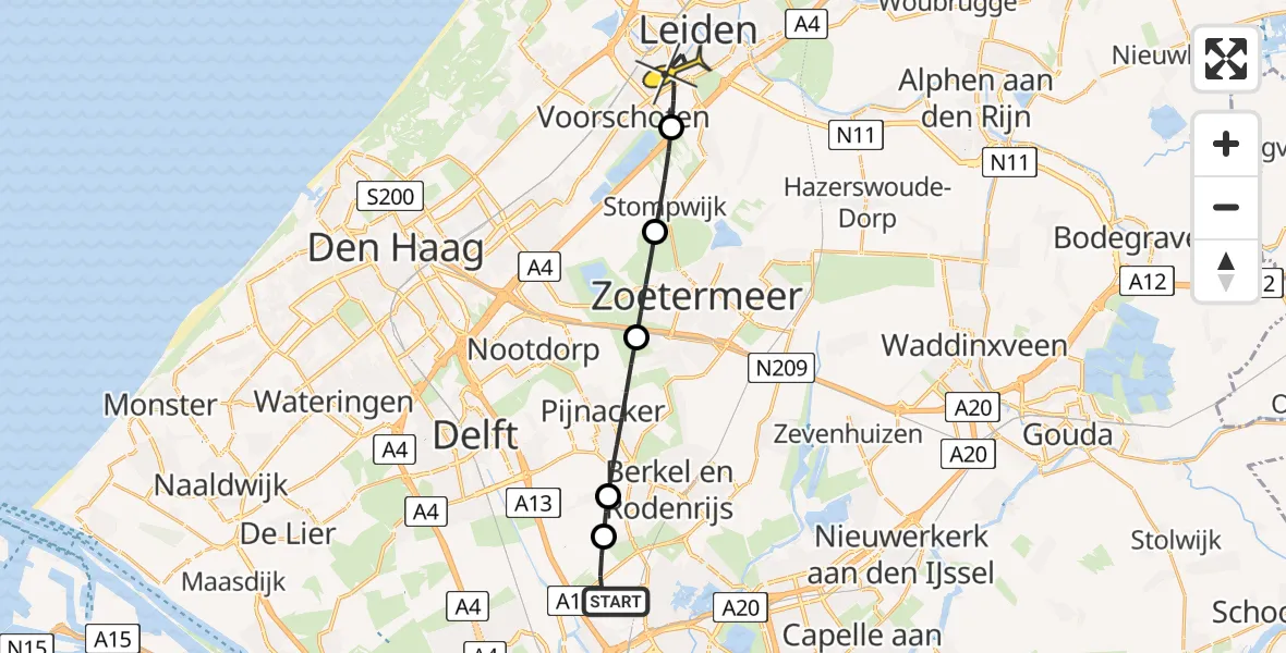 Routekaart van de vlucht: Lifeliner 2 naar Leiden, Montgomerystraat