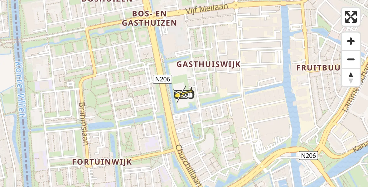 Routekaart van de vlucht: Lifeliner 2 naar Leiden, Churchilllaan