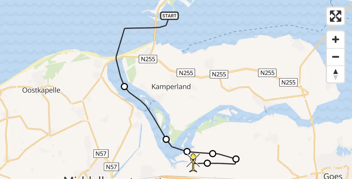 Routekaart van de vlucht: Kustwachthelikopter naar Vliegveld Midden-Zeeland, Hoogh Plaetweg
